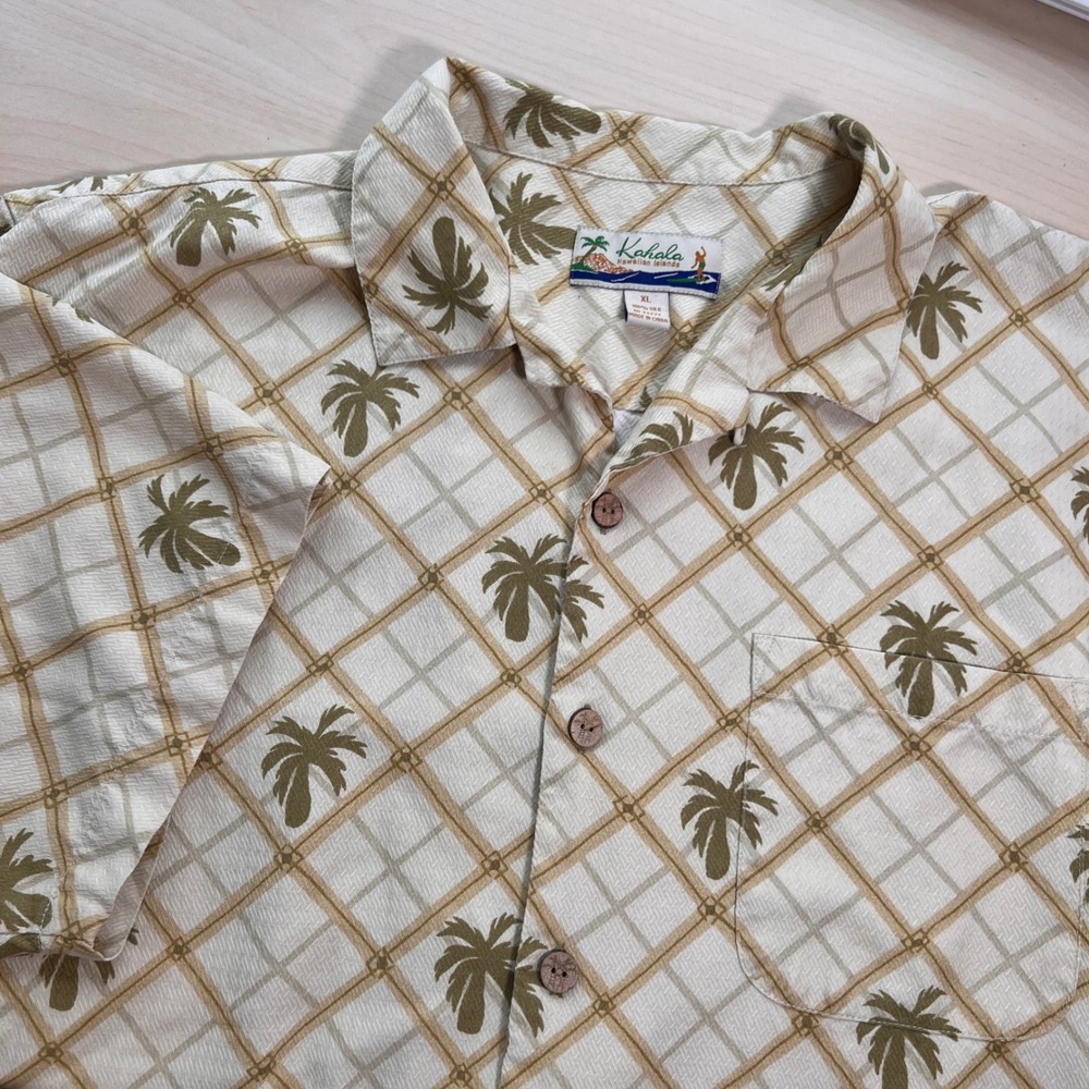 Kahala Shirt Mens XL Cream Silk Palm Tree Lattice Print Button Up Short Sleeve